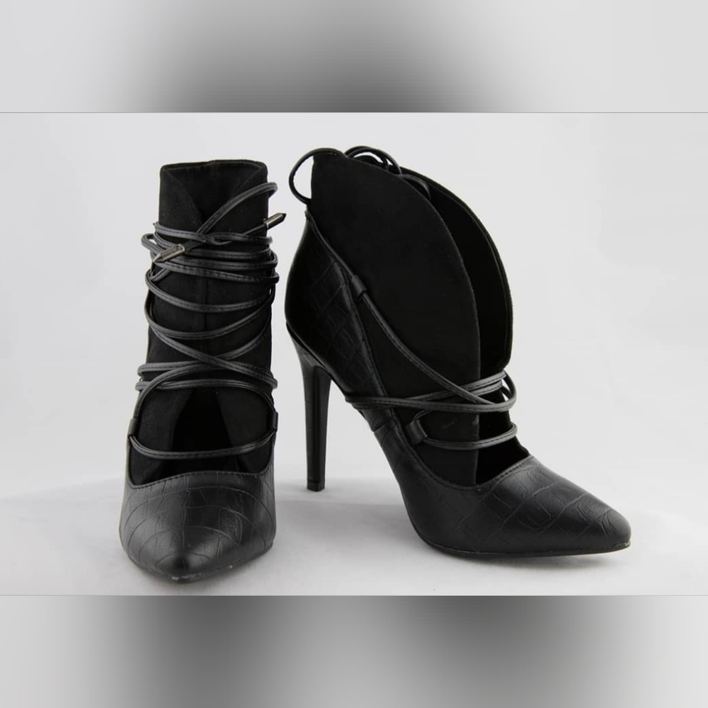 Black crocodile print strapped bootie, 4 inches